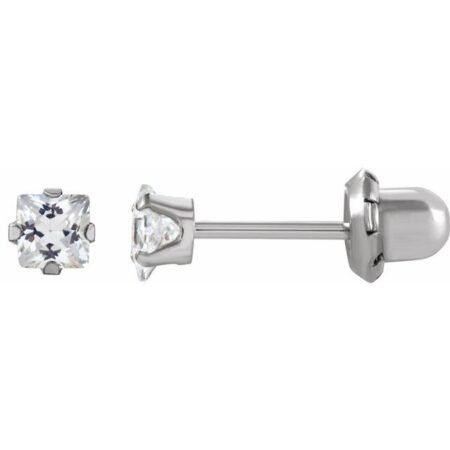 14k White 3 Mm Square Imitation White Cubic Zirconia Piercing Stud Earrings
