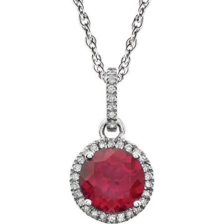 14k White Lab-grown Ruby & 1/10 Ctw Natural Diamond 18' Necklace