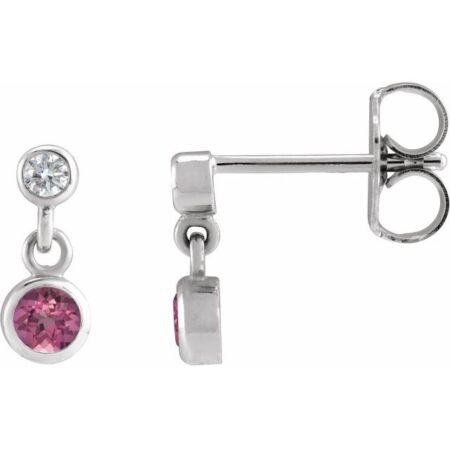 14k White Natural Pink Tourmaline & .05 Ctw Natural Diamond Two-stone Earrings