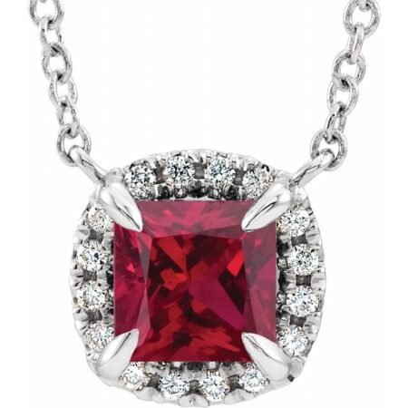 14k White Lab-grown Ruby & .05 Ctw Natural Diamond 18' Necklace