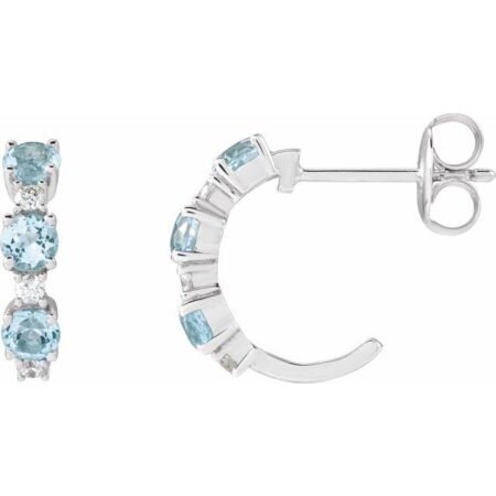 14k White Natural Sky Blue Topaz & 1/10 Ctw Natural Diamond Hoop Earrings