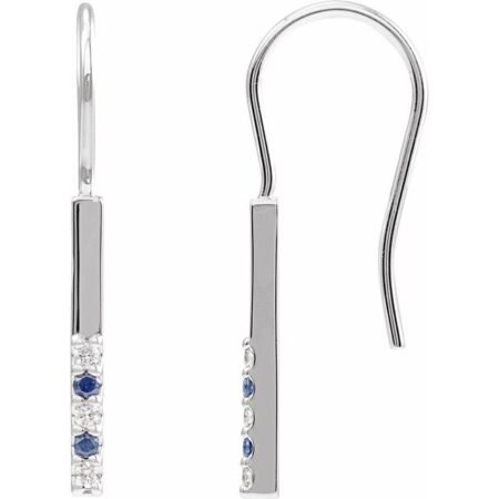 14k White Natural Blue Sapphire & .08 Ctw Natural Diamond Bar Earrings