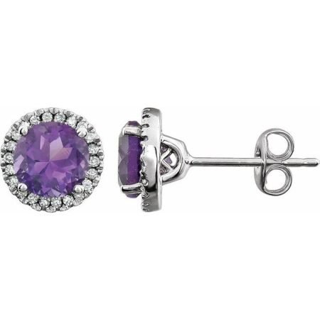 14k White Natural Amethyst & 1/8 Ctw Natural Diamond Earrings