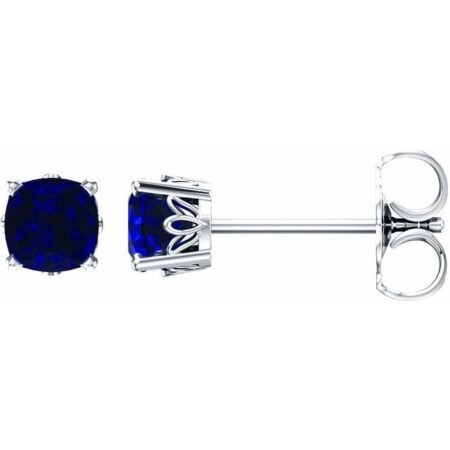 14k White 6x6 Mm Cushion Lab-grown Blue Sapphire Earrings