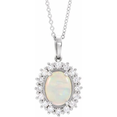 14k White Natural White Opal & 1/3 Ctw Natural Diamond Halo-style 16-18' Necklace