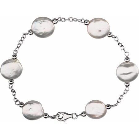 Sterling Silver 12-13 Mm Cultured White Freshwater Pearl Coin 7' Bracelet