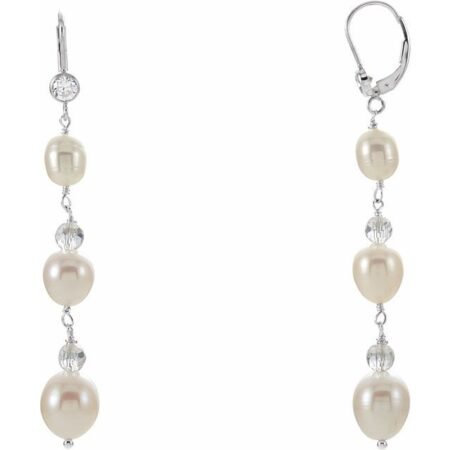 Sterling Silver Cultured White Freshwater Pearl & Imitation Cubic Zirconia Earrings