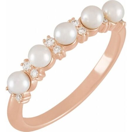 14k Rose Cultured White Seed Pearl & 1/10 Ctw Natural Diamond Anniversary Band