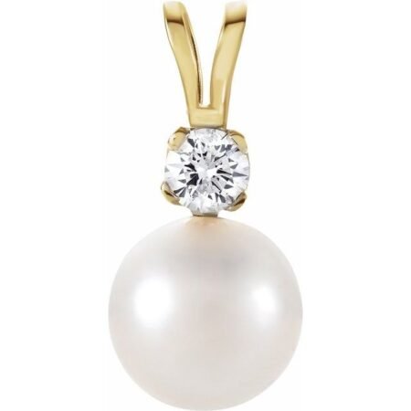 14k Yellow Cultured White Akoya Pearl & .025 Ctw Natural Diamond Pendant