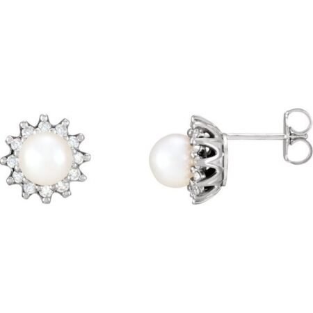 14k White Cultured White Akoya Pearl  & 1/3 Ctw Natural Diamond Earrings