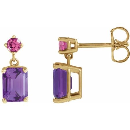 14k Yellow Natural Amethyst & Natural Pink Tourmaline Dangle Earrings