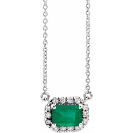 14k White 6x4 Mm Natural Emerald & 1/5 Ctw Natural Diamond Halo-style 18' Necklace