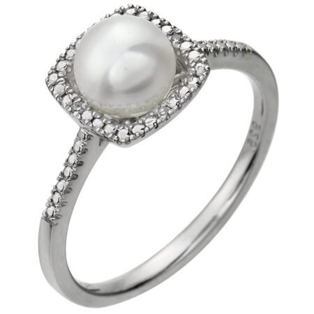 Sterling Silver Cultured White Freshwater Pearl & .01 Ctw Natural Diamond Ring