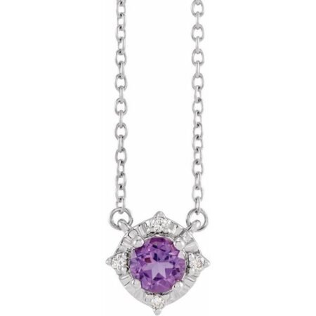 Sterling Silver Natural Amethyst & .04 Ctw Natural Diamond Halo-style 18' Necklace