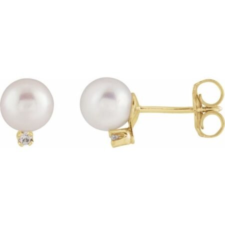 14k Yellow Cultured White Akoya Pearl & .02 Ctw Natural Diamond Earrings