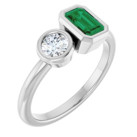 14k White Lab-grown Emerald & 1/4 Ctw Lab-grown Diamond Ring