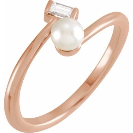 14k Rose Cultured White Akoya Pearl & 1/10 Ct Natural Diamond Ring