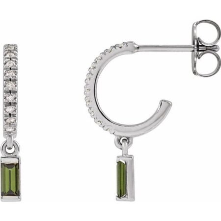 14k White Natural Green Tourmaline & .08 Ctw Natural Diamond French-set Hoop Earrings