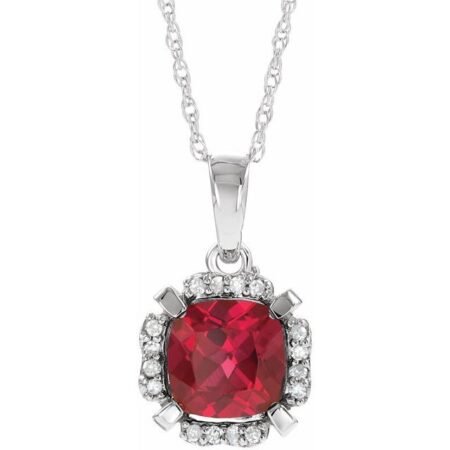 14k White Lab-grown Ruby & .04 Ctw Natural Diamond 18' Necklace