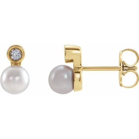 14k Yellow Cultured White Akoya Pearl & .03 Ctw Natural Diamond Earrings
