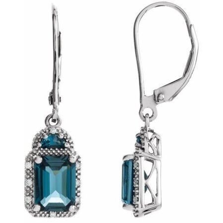 14k White Natural London Blue Topaz & .06 Ctw Natural Diamond Earrings