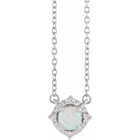 Sterling Silver Lab-grown White Opal & .04 Ctw Natural Diamond Halo-style 18' Necklace