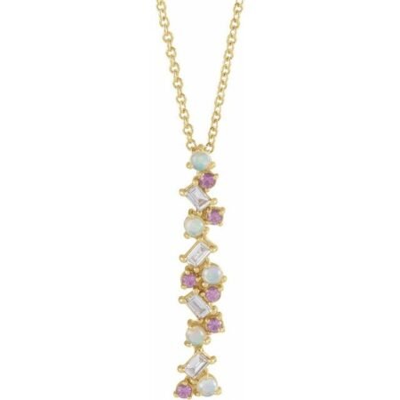 14k Yellow Natural Ethiopian Opals, Natural Pink Sapphires & 1/8 Ctw Natural Diamond Scattered Bar 16-18' Necklace