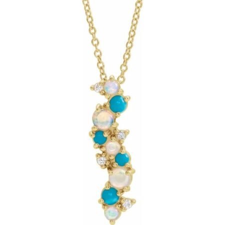 14k Yellow Natural Ethiopian Opal Turquoise & .03 Ctw Natural Diamond 16-18' Necklace