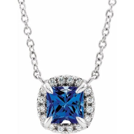 14k White Natural Blue Sapphire & .05 Ctw Natural Diamond 18' Necklace