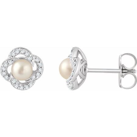14k White Cultured White Freshwater Pearl & 1/6 Ctw Natural Diamond Earrings