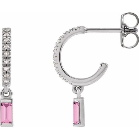 14k White Natural Pink Sapphire & .08 Ctw Natural Diamond French-set Hoop Earrings