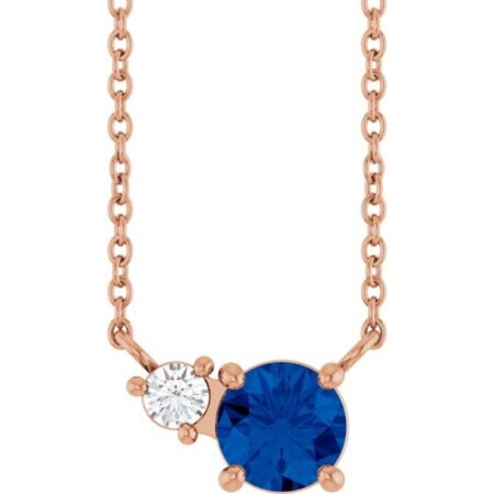 14k Rose Lab-grown Blue Sapphire & .06 Ct Natural Diamond 18' Necklace