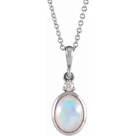 14k White 6x4 Mm Natural Ethiopian Opal & .015 Ct Natural Diamond 16-18' Necklace