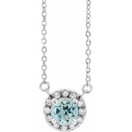 14k White 6.5 Mm Natural Aquamarine & 1/6 Ctw Natural Diamond 16' Necklace