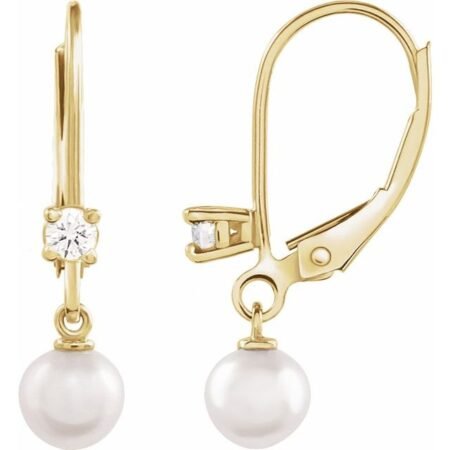 14k Yellow Cultured White Akoya Pearl & 1/8 Ctw Natural Diamond Earrings