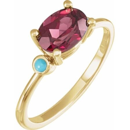 14k Yellow 8x6 Mm Natural Rhodolite Garnet & Natural Turquoise Ring