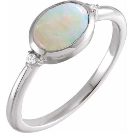 14k White Natural Ethiopian Opal & .03 Ctw Natural Diamond Ring