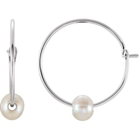 14k White Cultured White Freshwater Pearl Youth Huggie Earrings
