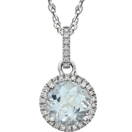 14k White Natural Aquamarine & 1/10 Ctw Natural Diamond 18' Necklace