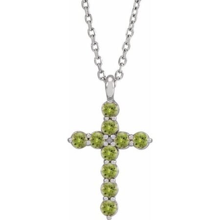 14k White Natural Peridot Cross 16-18' Necklace
