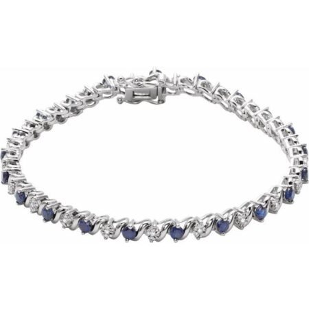 14k White Lab-grown Blue Sapphire & 1/10 Ctw Natural Diamond Line 7' Bracelet