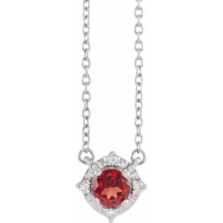 14k White Natural Mozambique Garnet & .04 Ctw Natural Diamond Halo-style 18' Necklace