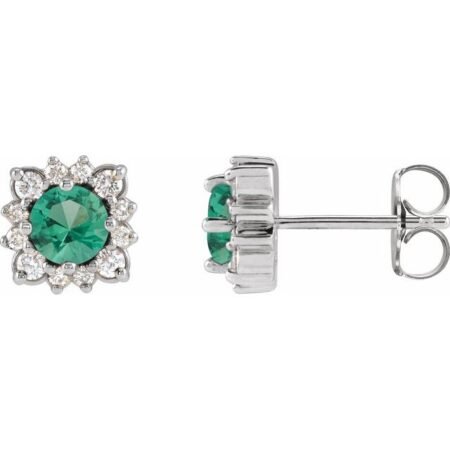 14k White Natural Emerald & .08 Ctw Natural Diamond Halo-style Earrings