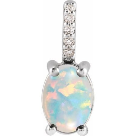 Sterling Silver 7x5 Mm Natural White Opal & .02 Ctw Natural Diamond Charm/pendant