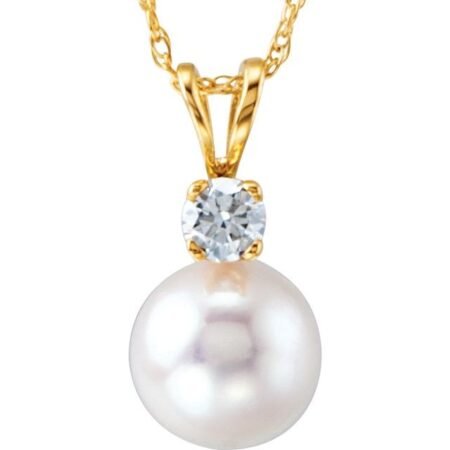 14k Yellow Cultured White Akoya Pearl & 1/10 Ctw Natural Diamond 18' Necklace