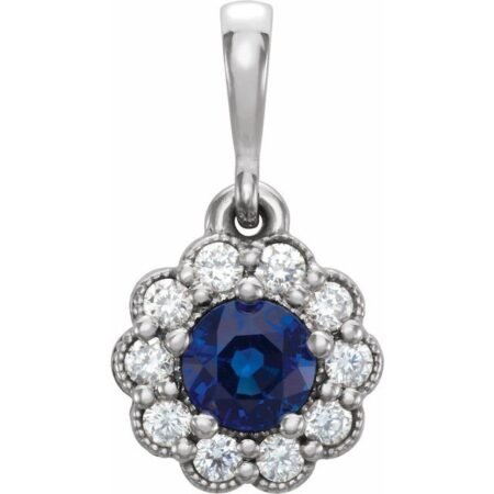 14k White Natural Blue Sapphire & 1/8 Ctw Natural Diamond Pendant