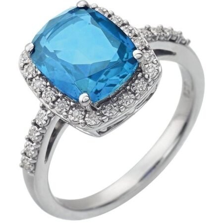 14k White Natural Swiss Blue Topaz & .07 Ctw Natural Diamond Ring