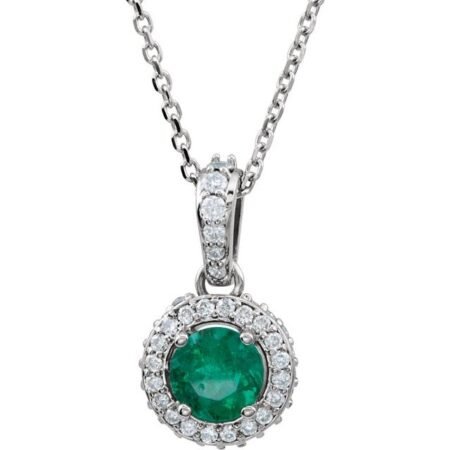 14k White Natural Emerald & 1/5 Ctw Natural Diamond 18' Necklace