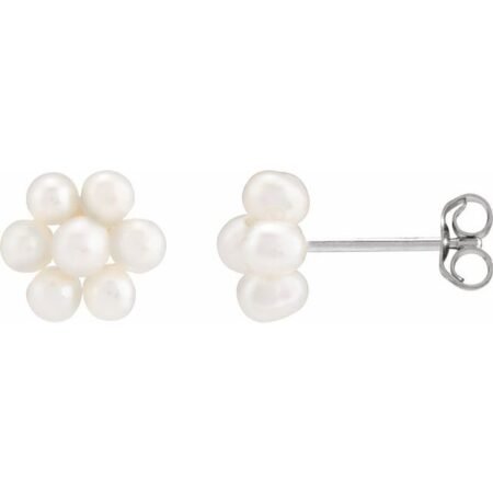 14k White Cultured White Freshwater Pearl Flower Earrings
