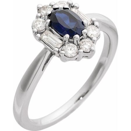 14k White Lab-grown Blue Sapphire & 3/8 Ctw Natural Diamond Ring
